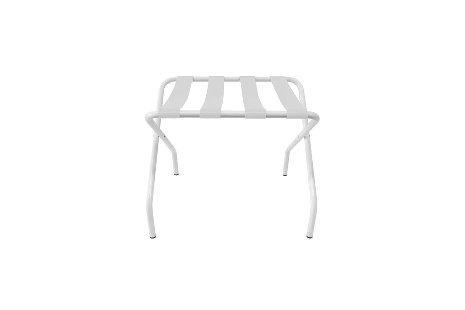 Minimalist white metal folding luggage rack with thin white straps.