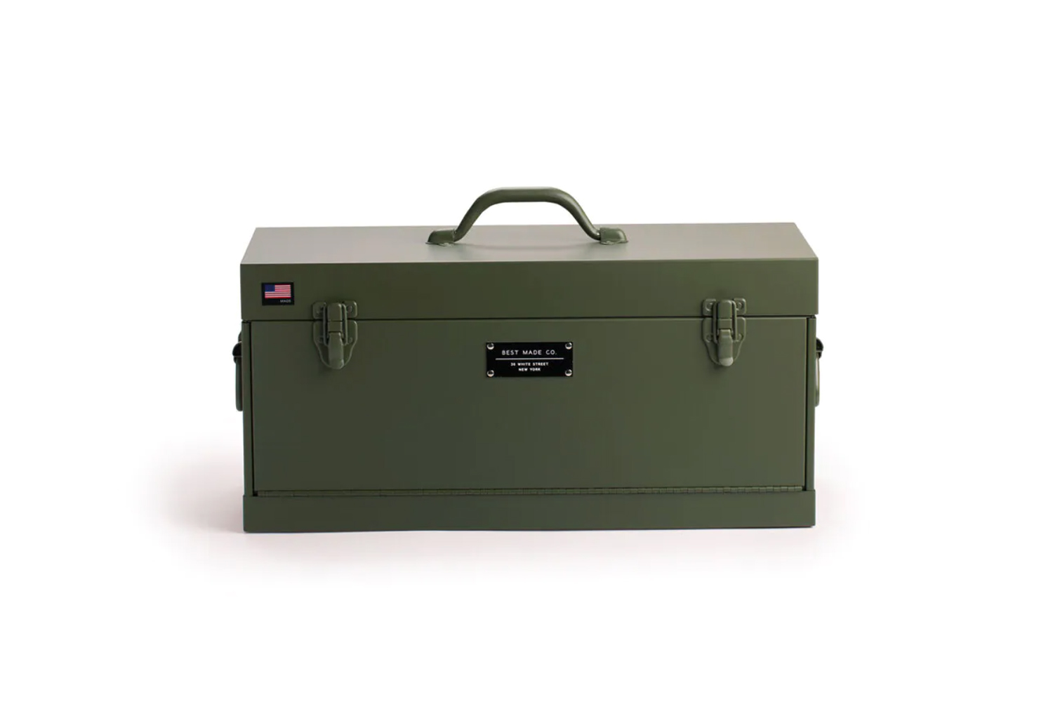 The Best Made Front-Loading Toolbox in Marsh Olive green.