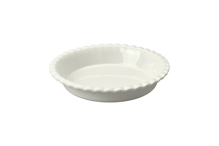 A minimalist white stoneware pie plate from Ikea.