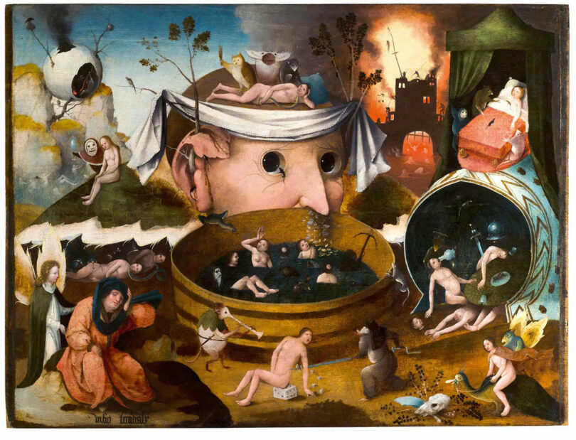 A surreal medieval-style painting depicting chaotic figures and landscapes, inspired by Hieronymus Bosch.