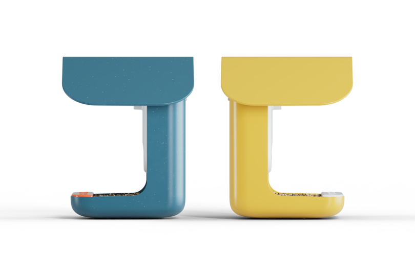 Side-by-side view of the dark blue and yellow Bird Buddy smart bird feeders against a white background.