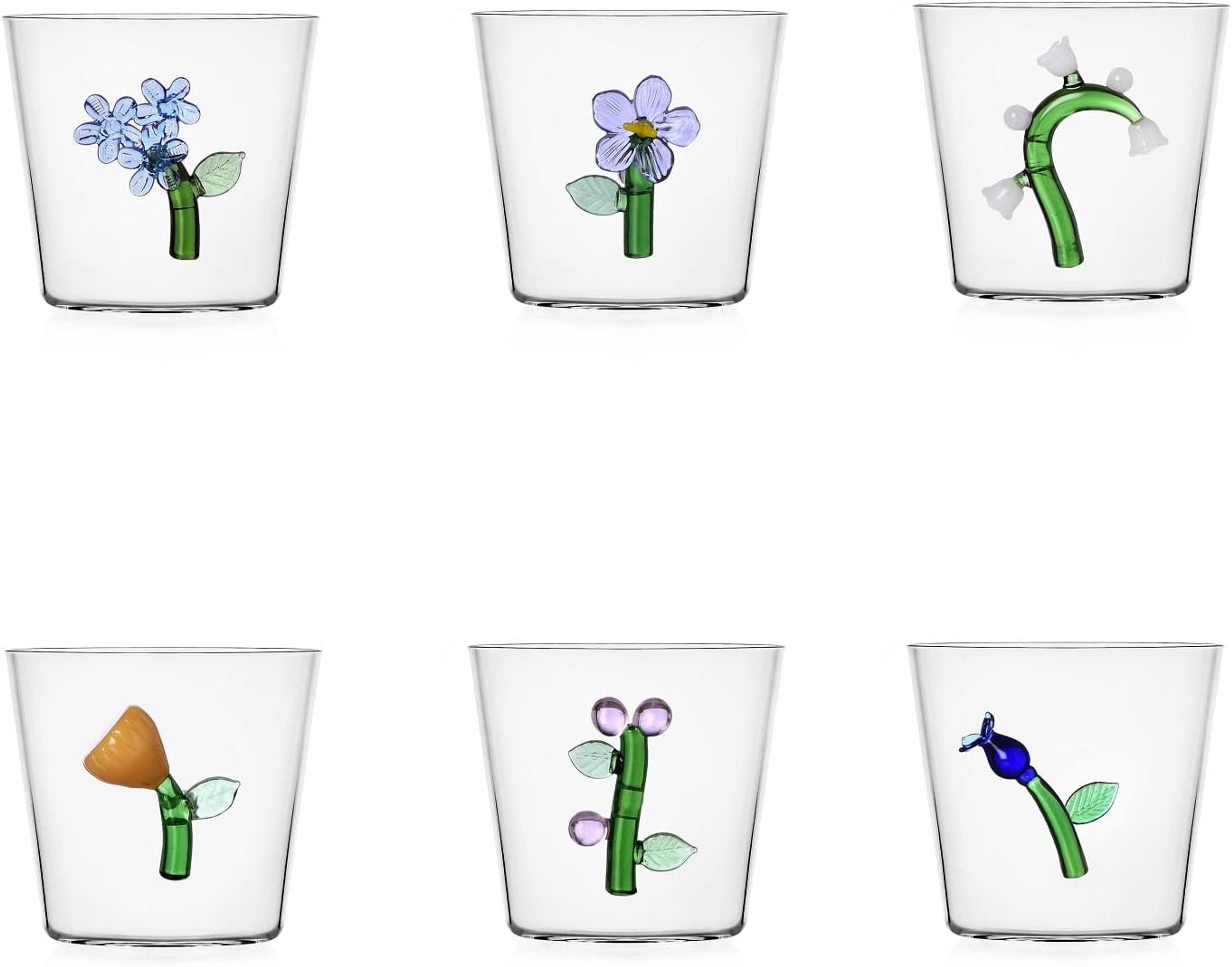 Botanical themed glass tumblers with glass floral details inside.
