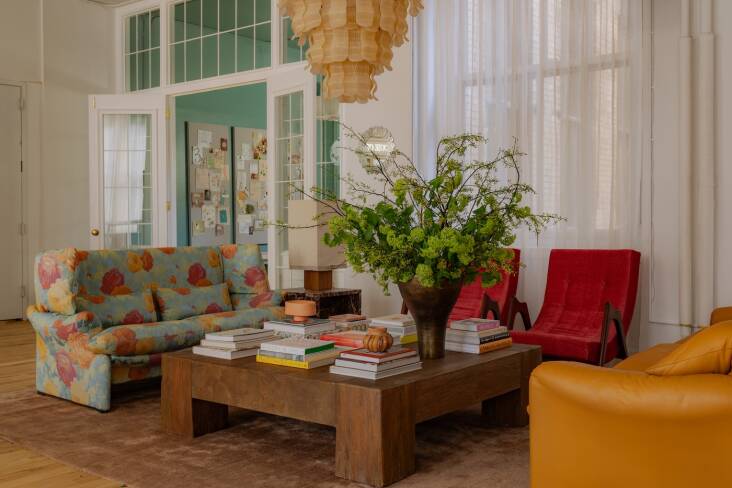 Vintage floral Cassina sofa in the studio's conversation pit.