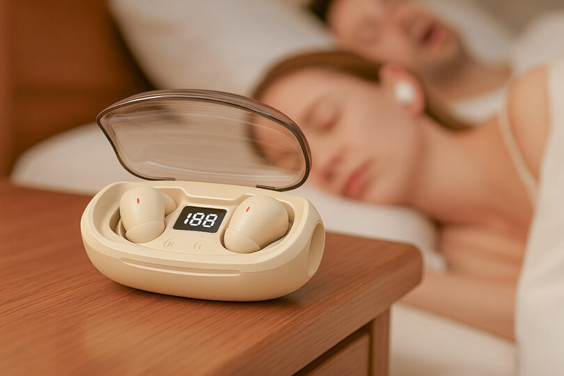 SleePods in a digital display charging case on a nightstand with a sleeping couple in the background.