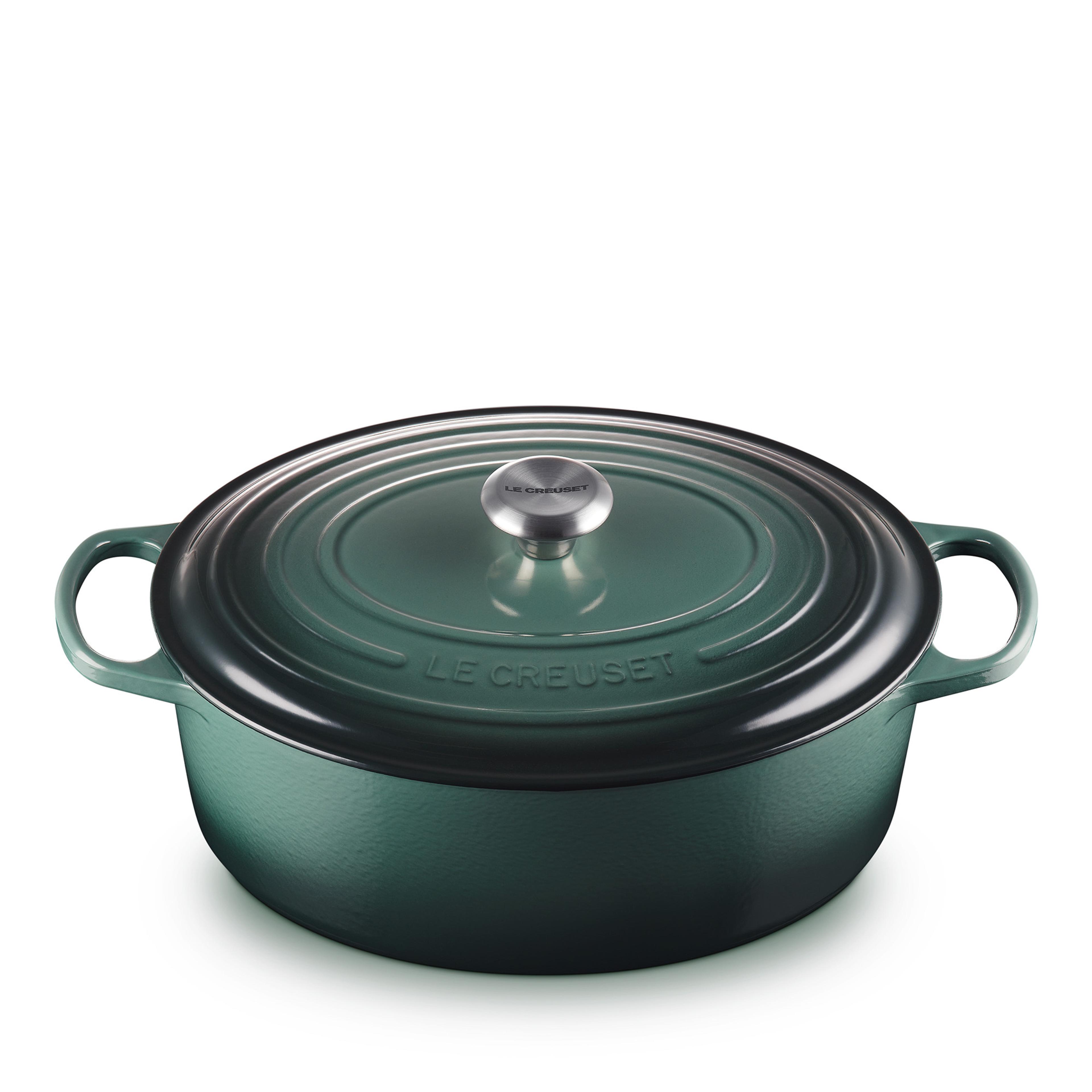 A classic Le Creuset Signature Oval Dutch Oven in a modern kitchen setting.
