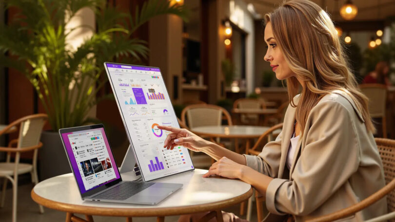 A woman working in a cafe using a laptop connected to a large external monitor showing data charts.