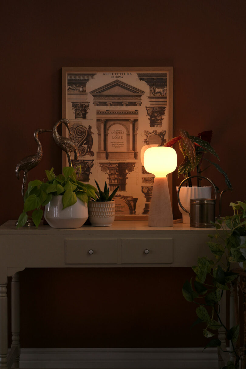 The Soltech lamp integrated into a sophisticated shelf display with architectural prints and metal figurines.