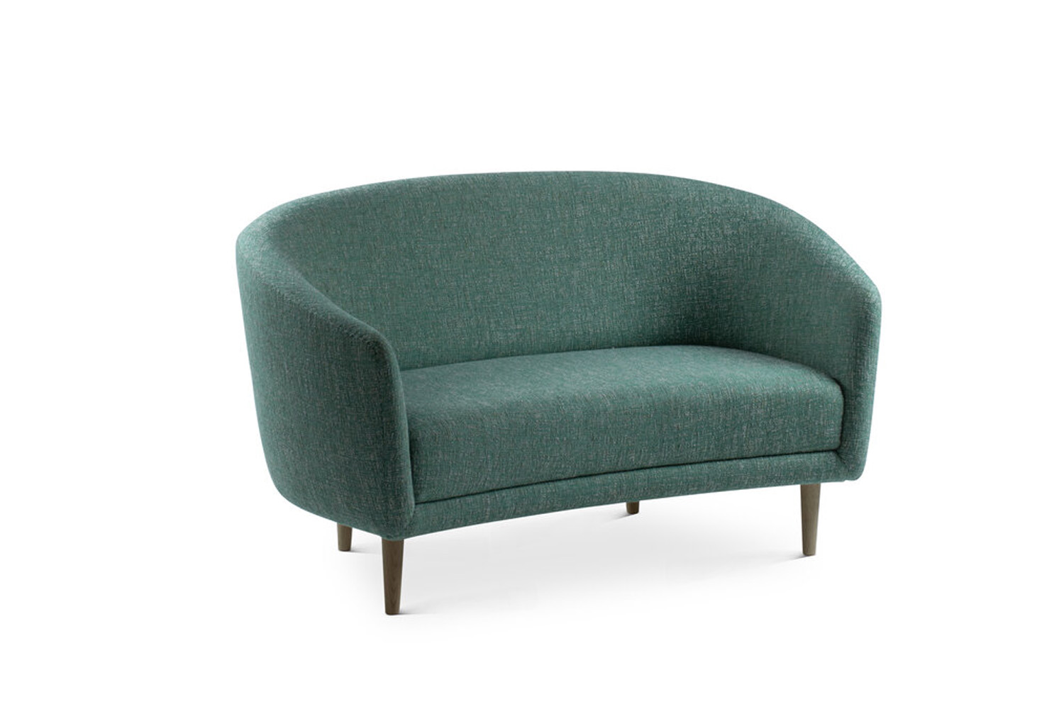 The Finn Juhl Little Mother Sofa featuring a high, supportive back and elegant wooden legs.