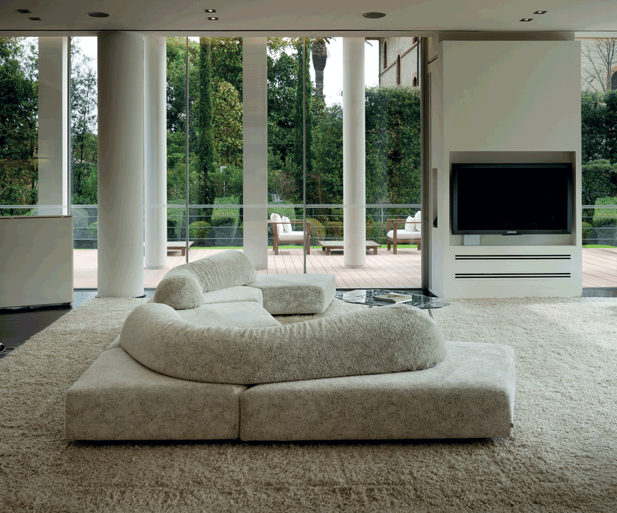 The On the Rocks sofa by Edra featuring its distinctive stone-like modular shapes and flexible backrests.