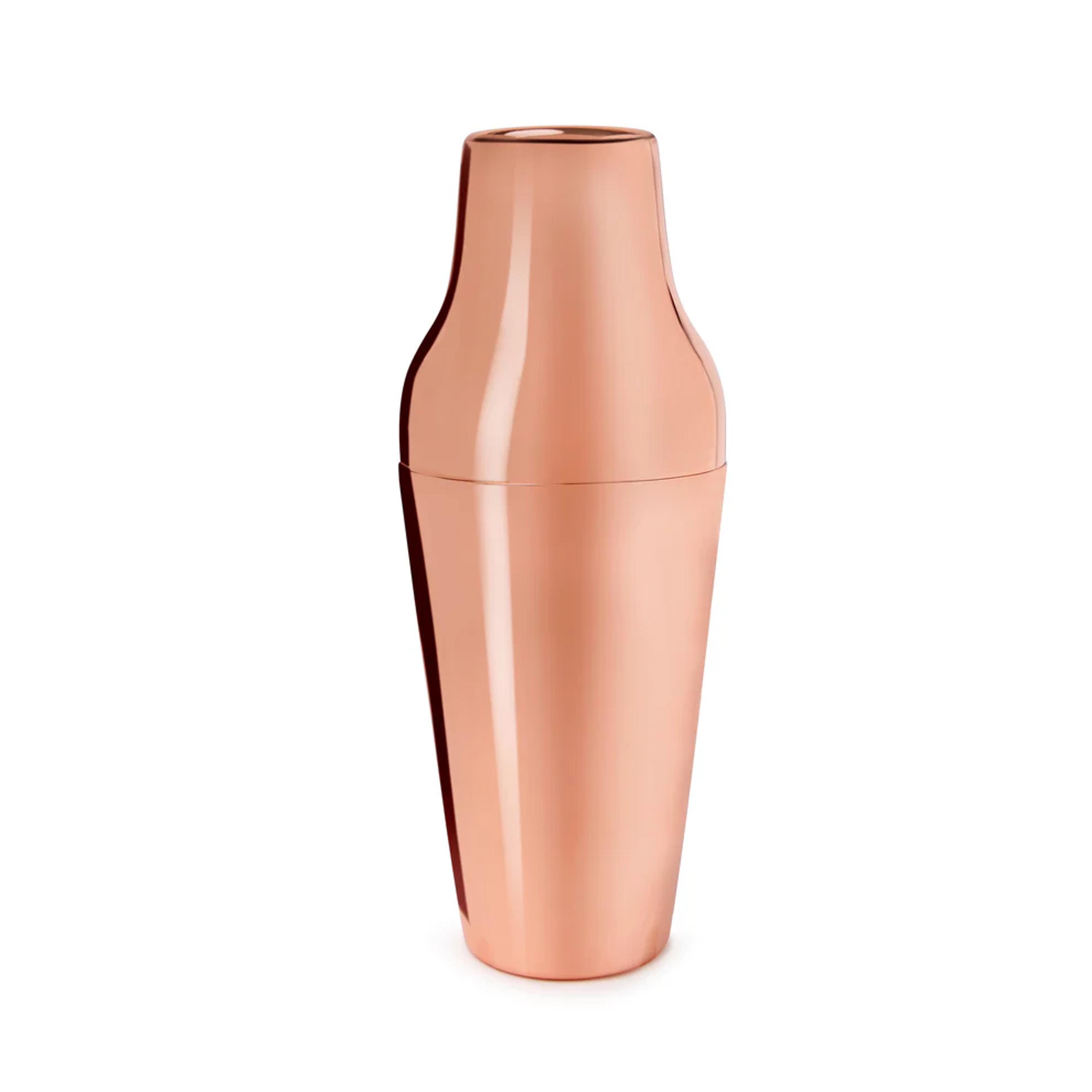 A sleek, metallic Parisian-style cocktail shaker.