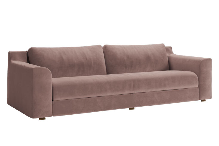 Sabai Elevate Sofa in Dusty Rose recycled velvet with wooden legs.