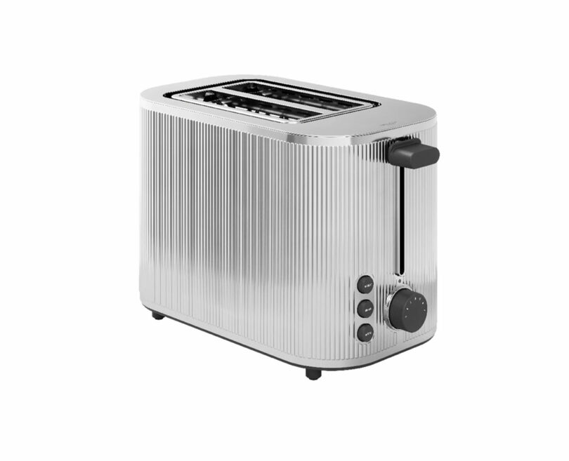 Mirror-polished silver two-slot toaster with vertical grooves and digital controls.